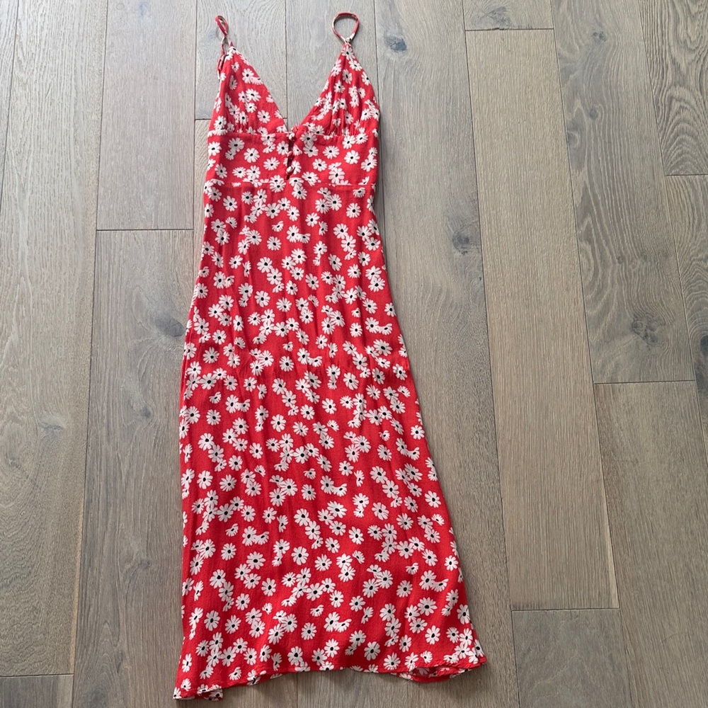 Reformation Red Daisy Slip Maxi Dress with White Floral Print